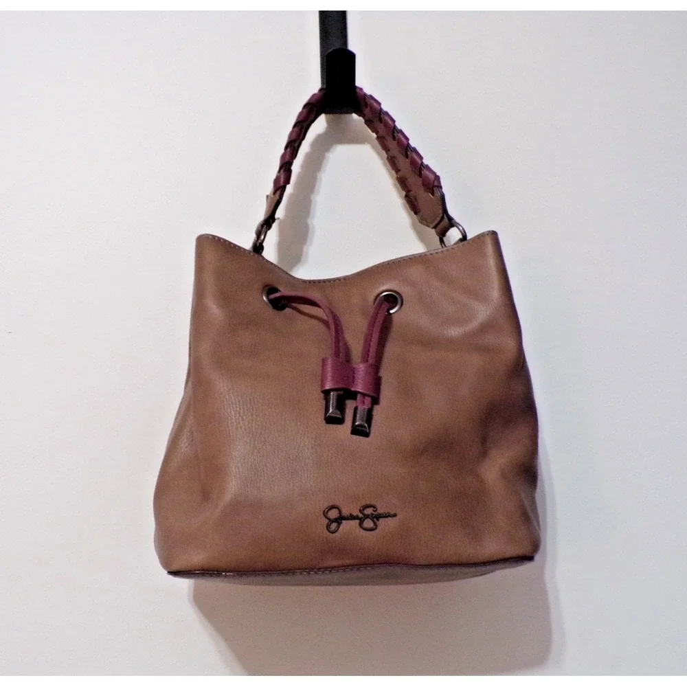 Jessica Simpson Bucket Leather Brown Handbag Snap & Draw String Closure Nice!!